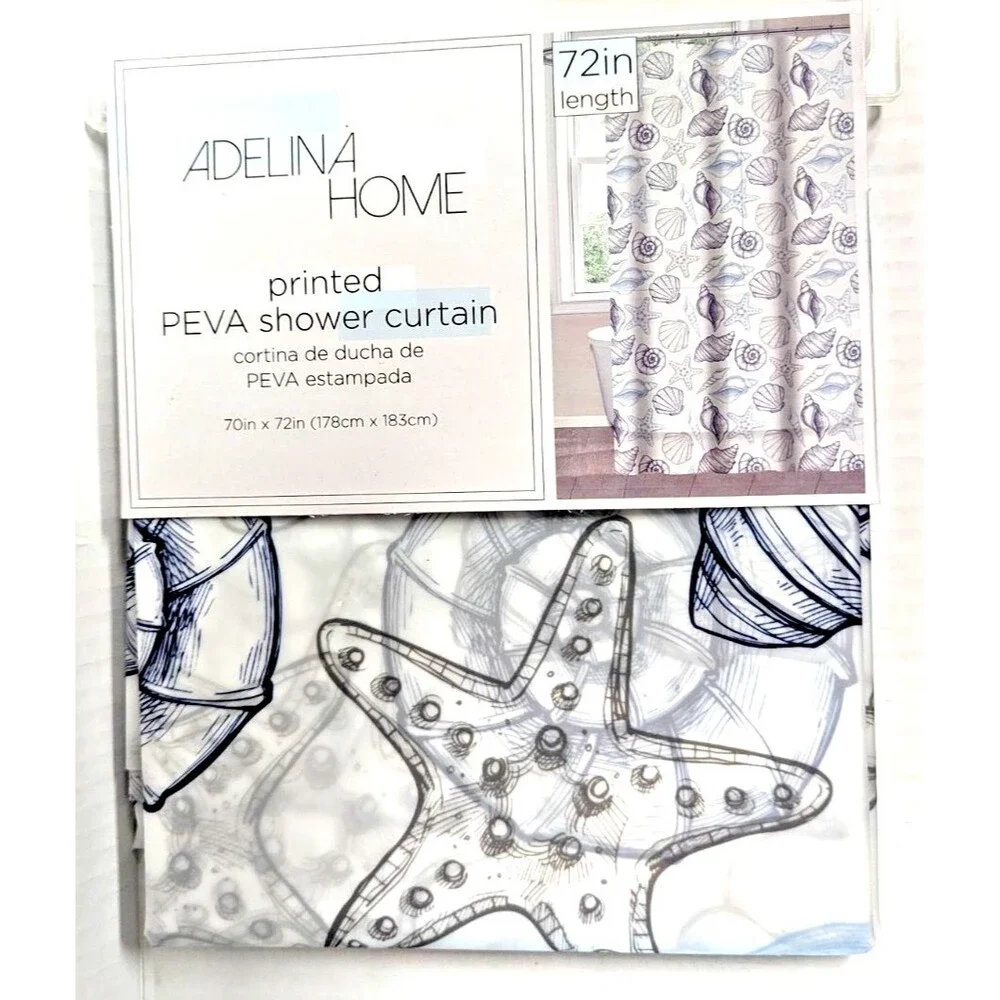 Coastal PEVA Shower Curtain Seaside Ocean Nautical Navy Blue Gray Opaque NEW